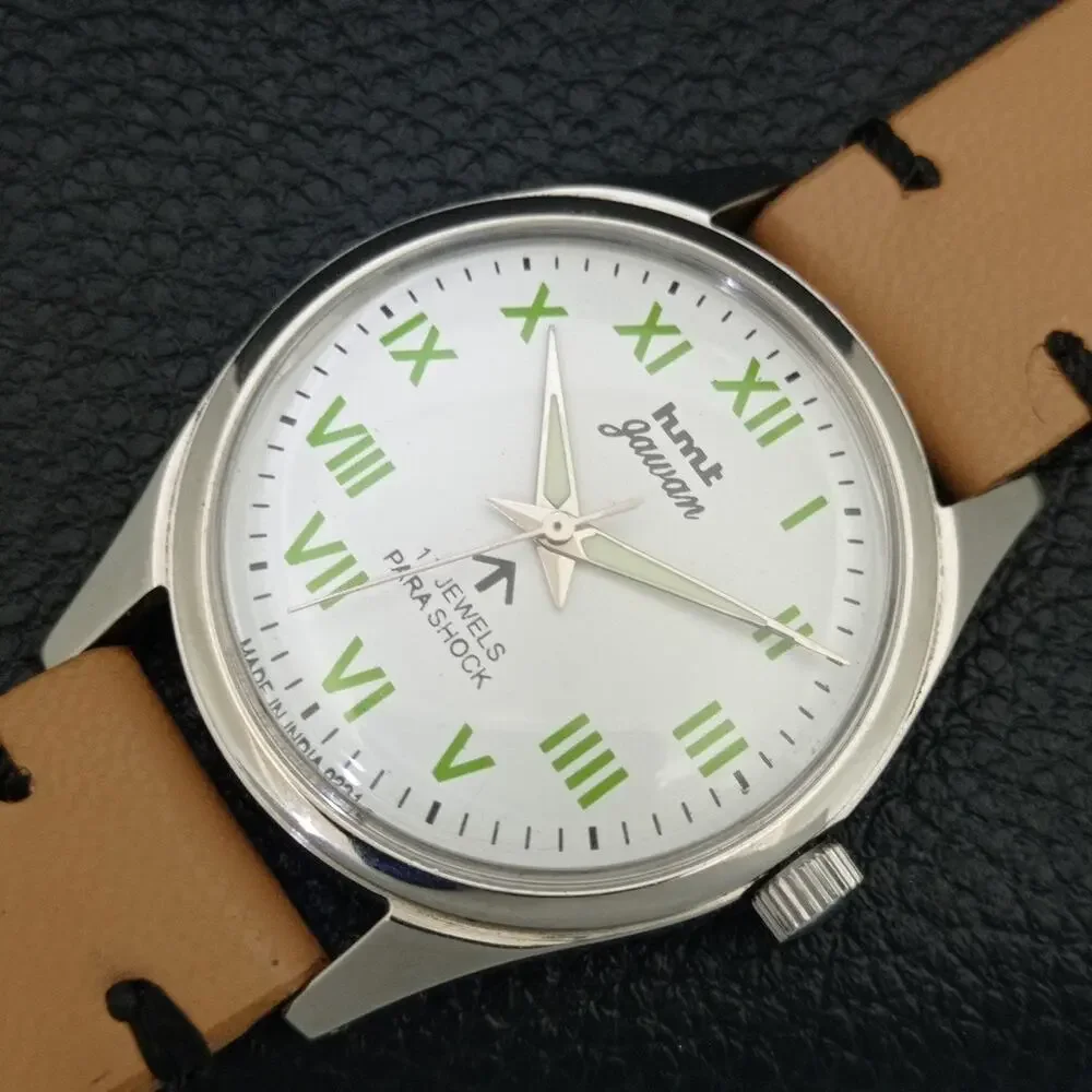 Vintage 1974 HMT Manual Wound Mens Silver Watch & Green accents